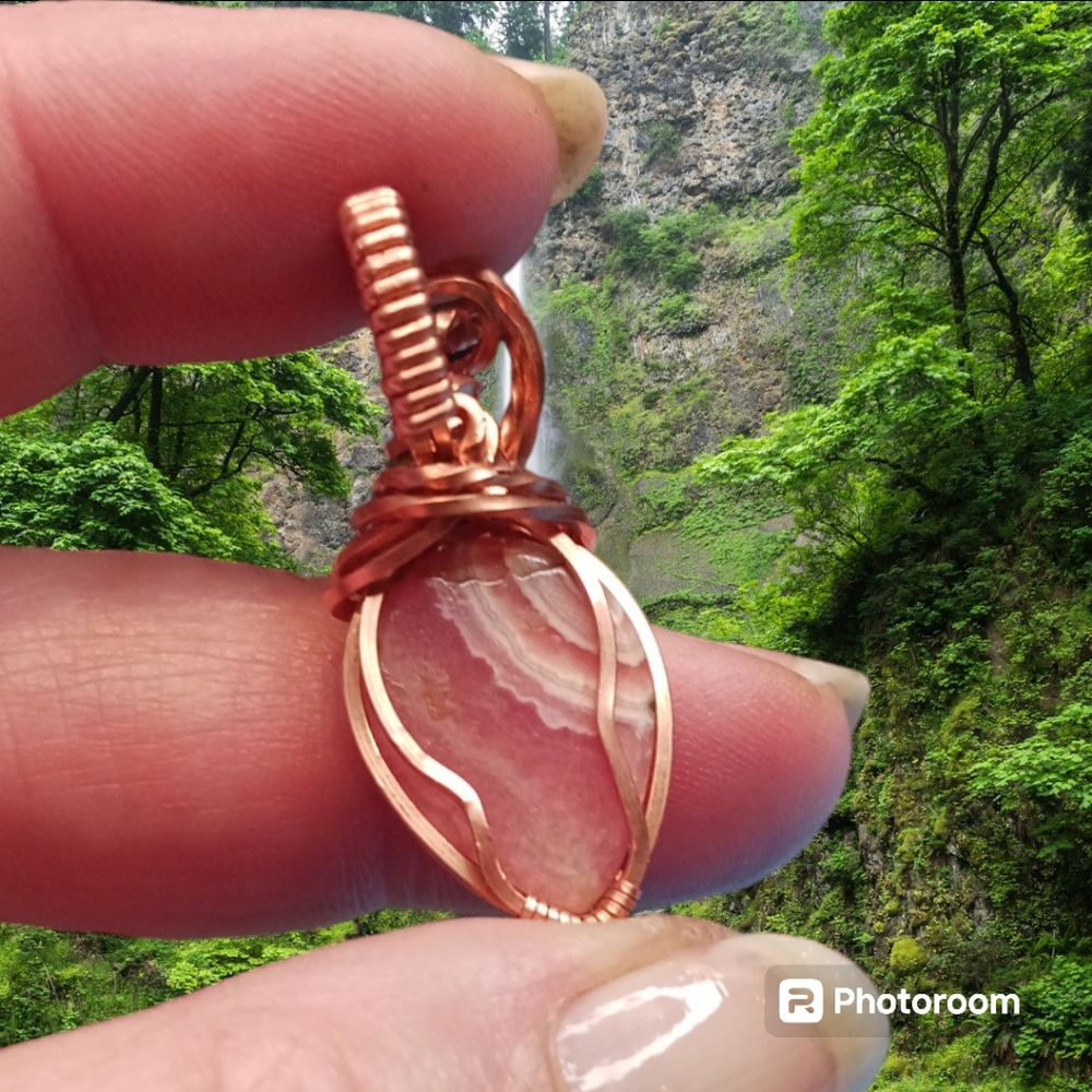 Artisan Copper Wire Wrap Rhodocrosite Pendant - Picture 5 of 6